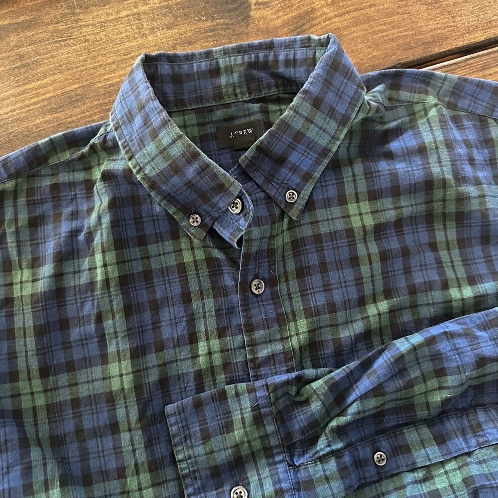 J.Crew Shirt Mens Medium Blue Green Plaid Long Sleeve Button Front Preppy Cotton